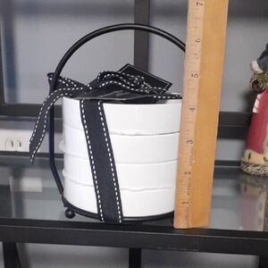 Chic White Ceramic Bowls with Black Ribbon